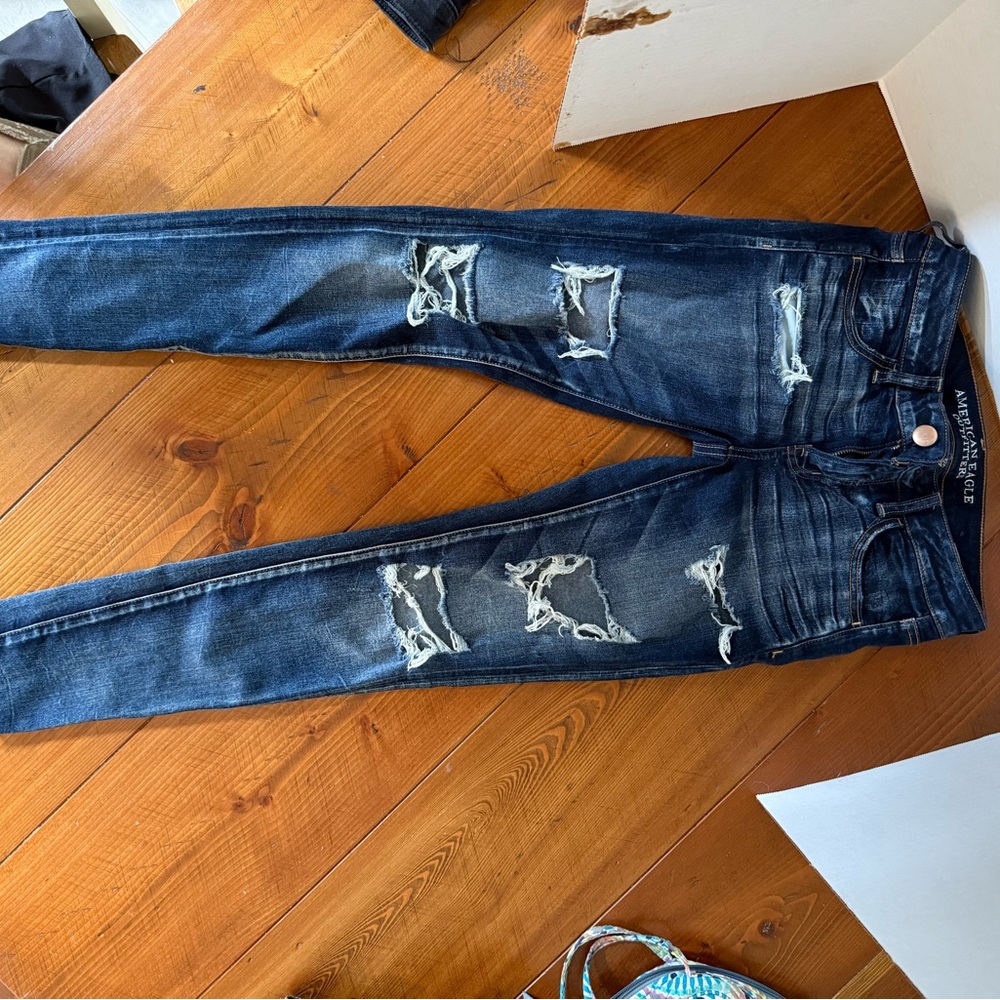 American Eagle Outfitters Blue Skinny Jeans with Distressed Details